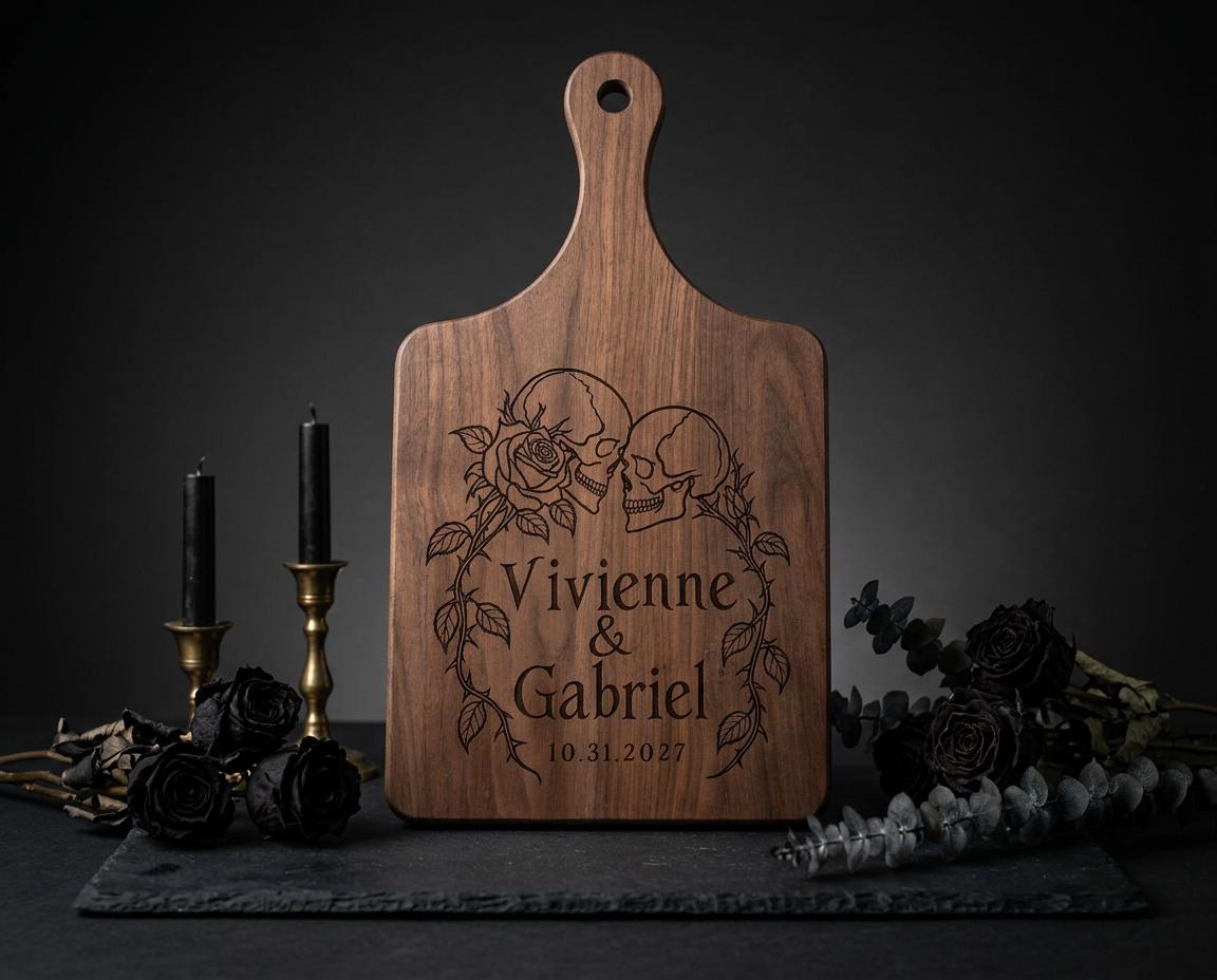 Rosebound Skulls sample engraving on a standing handled board
