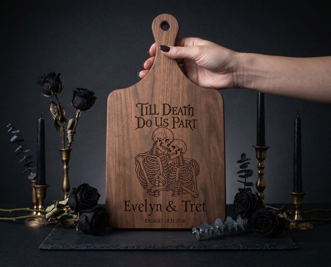 Till Death Do Us Part personalized cutting board with embracing skeletons — photo 1