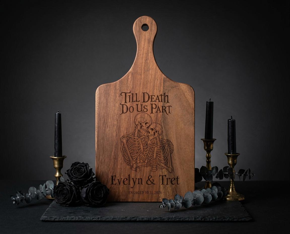 Till Death Do Us Part personalized cutting board with embracing skeletons — photo 4