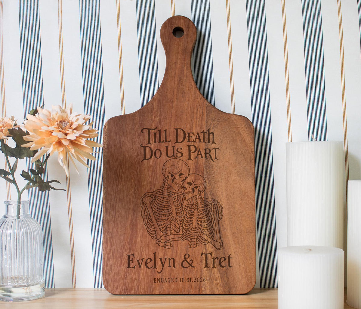 Till Death Do Us Part personalized cutting board with embracing skeletons — photo 9