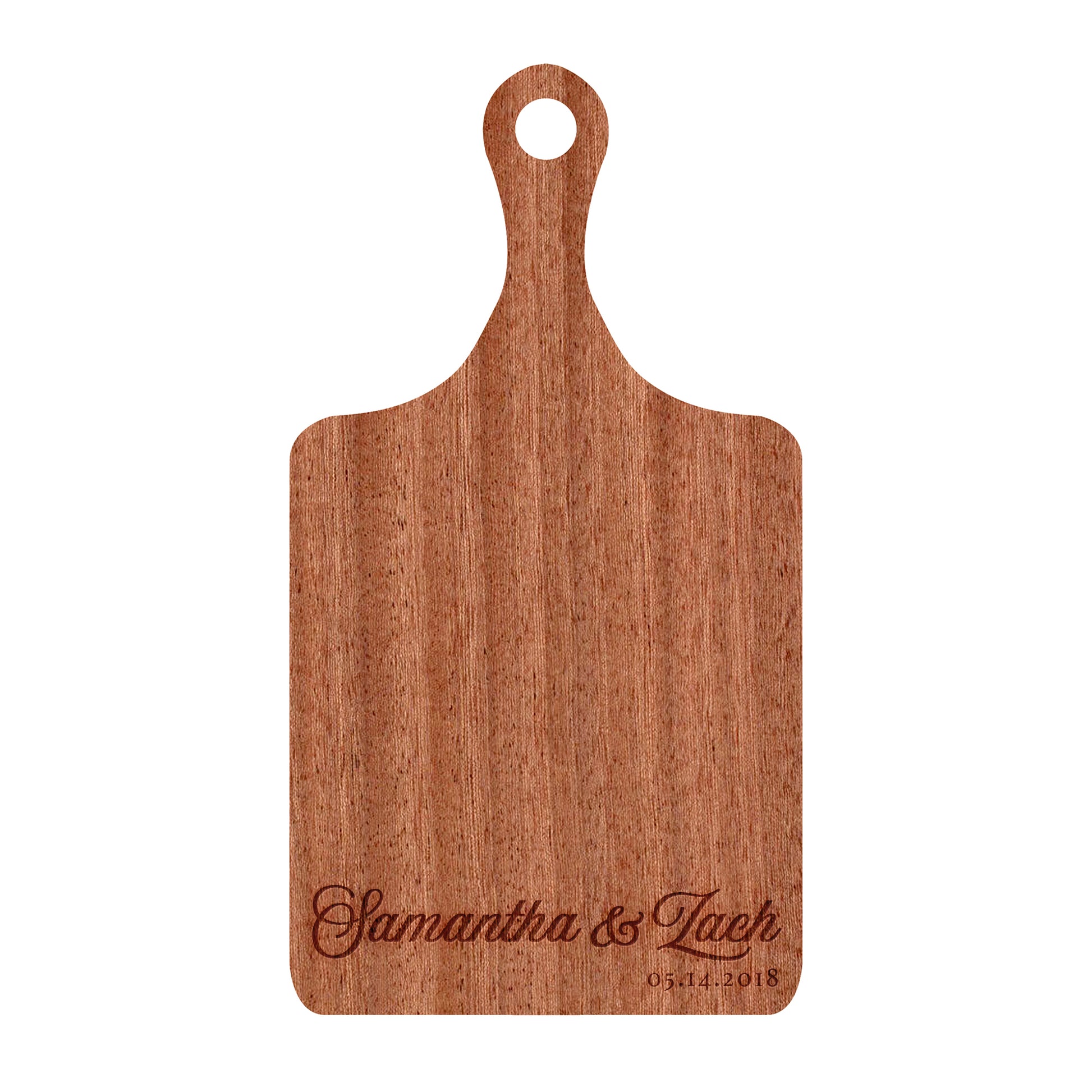 a wooden cutting board with a name on it