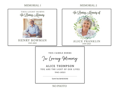 a set of three funeral cards with a picture of a woman and a man