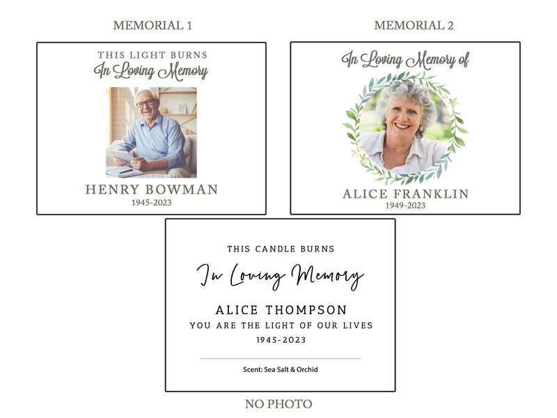 a set of three funeral cards with a picture of a woman and a man
