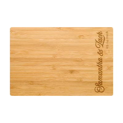 a bamboo cutting board with a logo on it