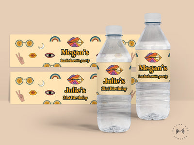 Retro 70's Theme Party favors SET OF 30, labels for bottled water, personalized Retro bachelorette stickers Retro birthday favors - W22