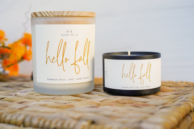 Hello Fall pumpkin spice scented candles in two sizes. Perfect for gifting or and for bringing cozy fall vibes! Happy Thanksgiving candles in pumpkin spice. Available in 1, 2, or 3 packs!